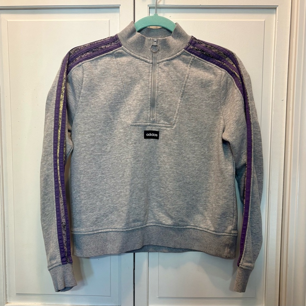 ✨ ADIDAS ✨ Cropped Gray Quarter Zip Sweatshirt Purple Velvet Stripes Size XS - Picture 4 of 10